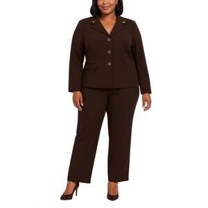 NEW DANILLO notched lapel collar top with straight-leg pant set - plus in brown